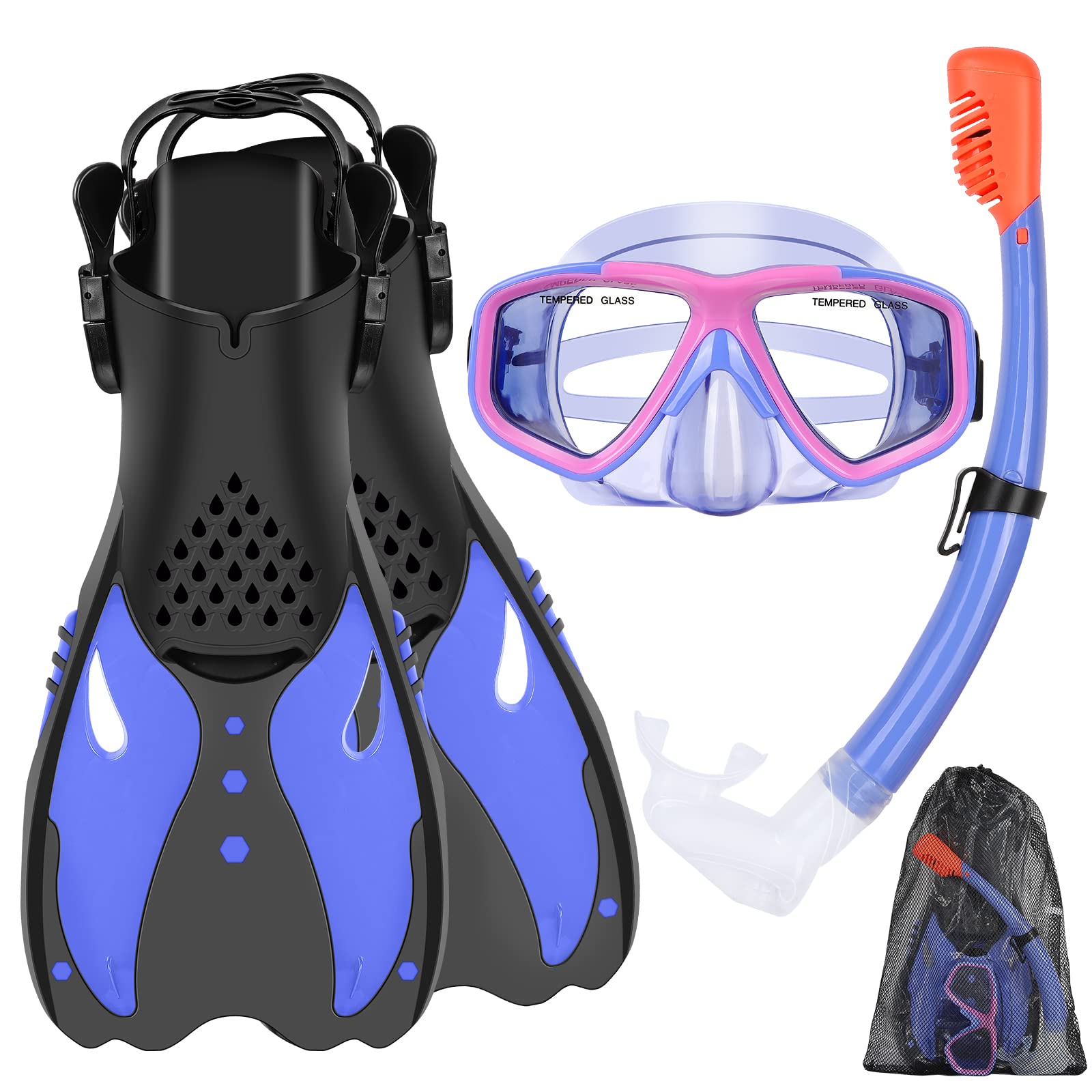 KUYOU Snorkel Set Kids with Flippers, Travel Snorkel Mask with Adjustable Swim Fins, Snorkelling Packages for kids and Teens Scuba Diving Snorkeling Gear, Snorkel Mask Fins