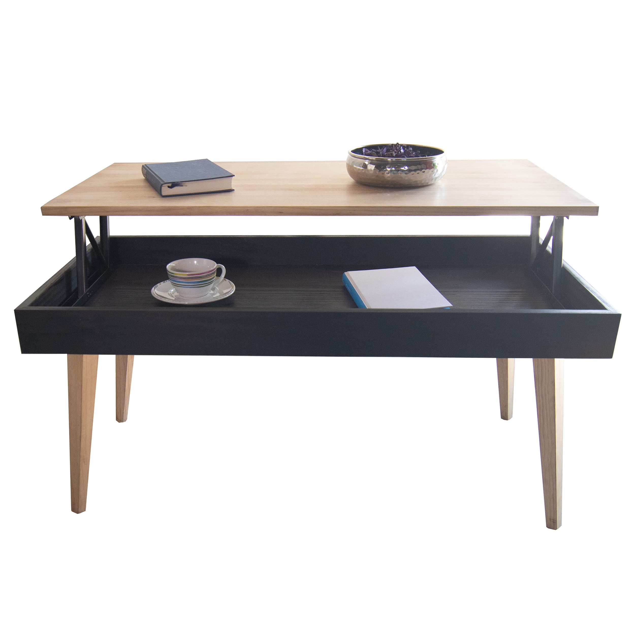 LoMasCasa - Mesa de Centro Elevable con Cajón Modelo Karol de Estilo Nórdico con Acabado Madera y Negro Fabricada en Madera Natural Maciza de Pino con Medidas: 100 x 50 x 47 cm