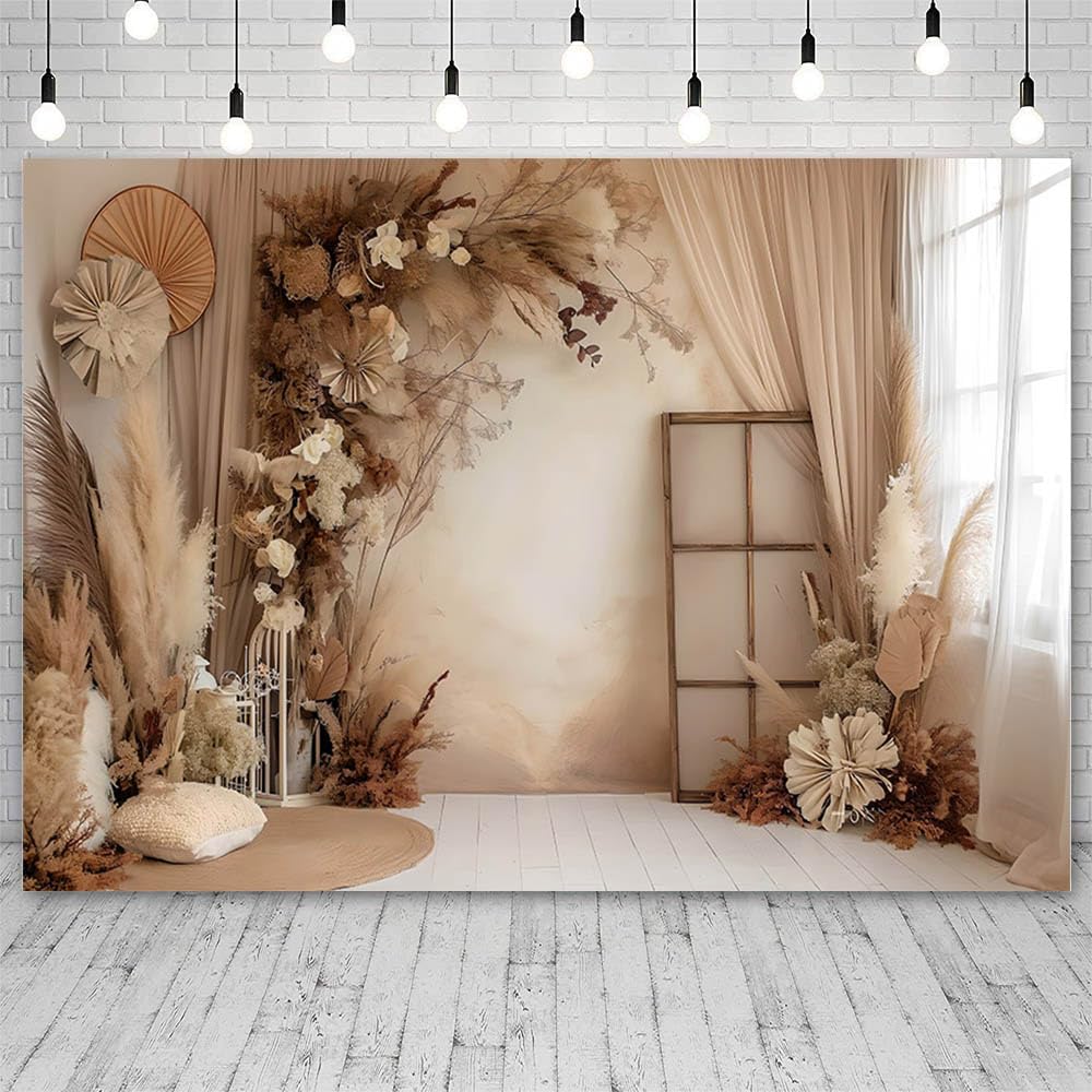 AIBIIN 3x2,1m Toile de fond florale bohème pour photographie de mariage, anniversaire, fête rétro, mur bohème, feuillage séché, pampa, décor de portrait de femme enceinte, fournitures photo