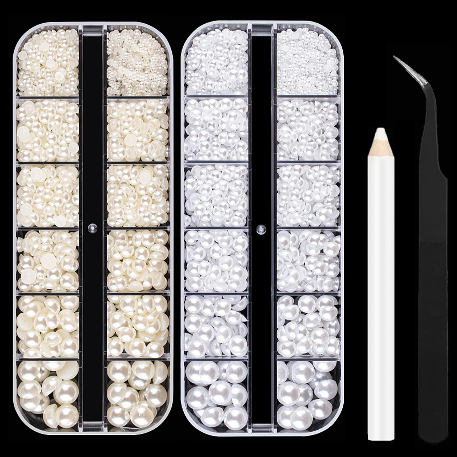 Nail Charms Pearls,About 4000PCS Pearl Nail Charms with Pickup Pencil and Tweezer,2/3/4/5/6/8mm Flat Back Pearl Beads for Nail Art Design DIY Crafting Embellishment