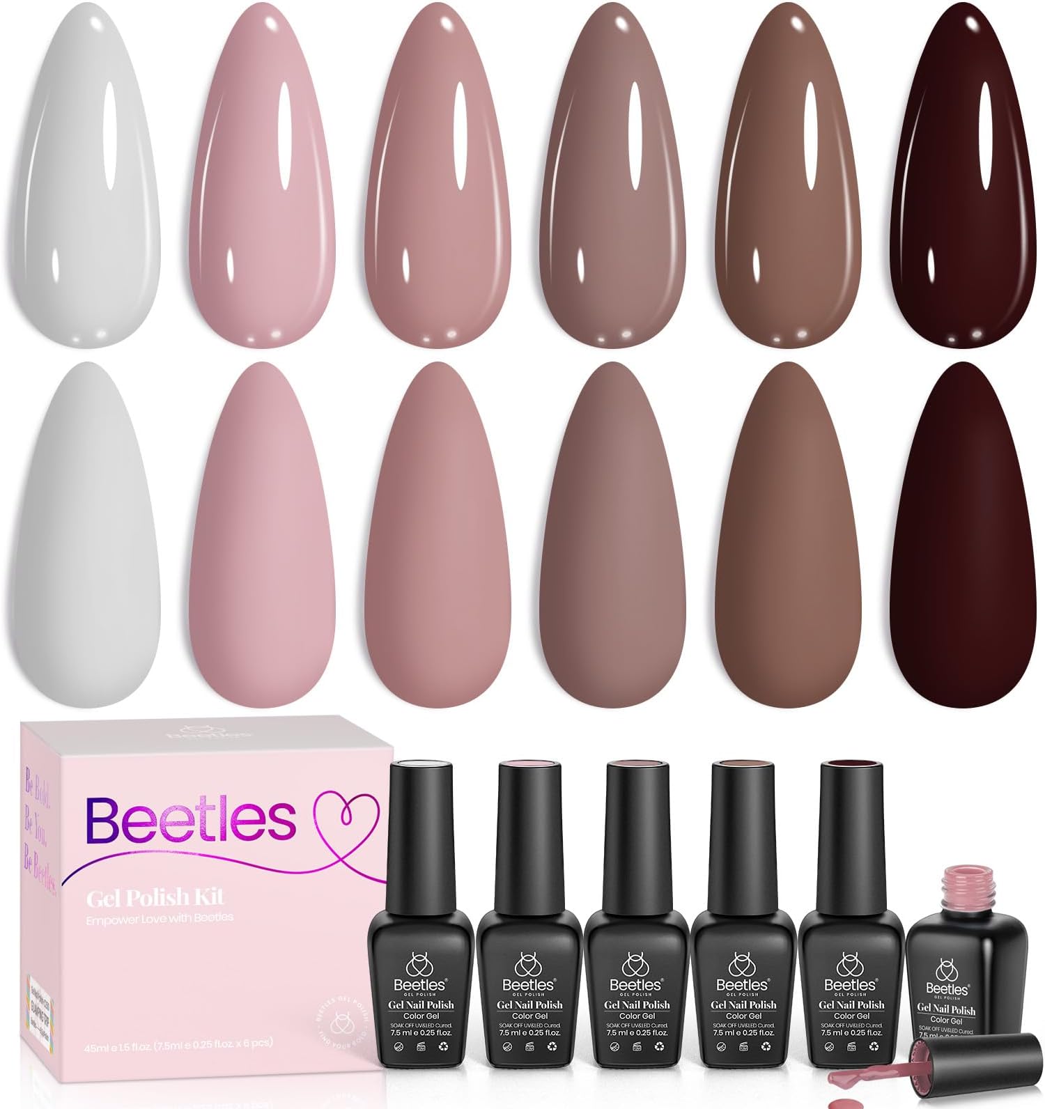 Beetles Neutral Gel Polish Set - Nude Pink Brown Neutral White Colors 6 Colors Gel Nail Polish Set for Nail Art Manicure Soak Off Uv LED Nail Lamp Needed Gifts for Women Coffee Time