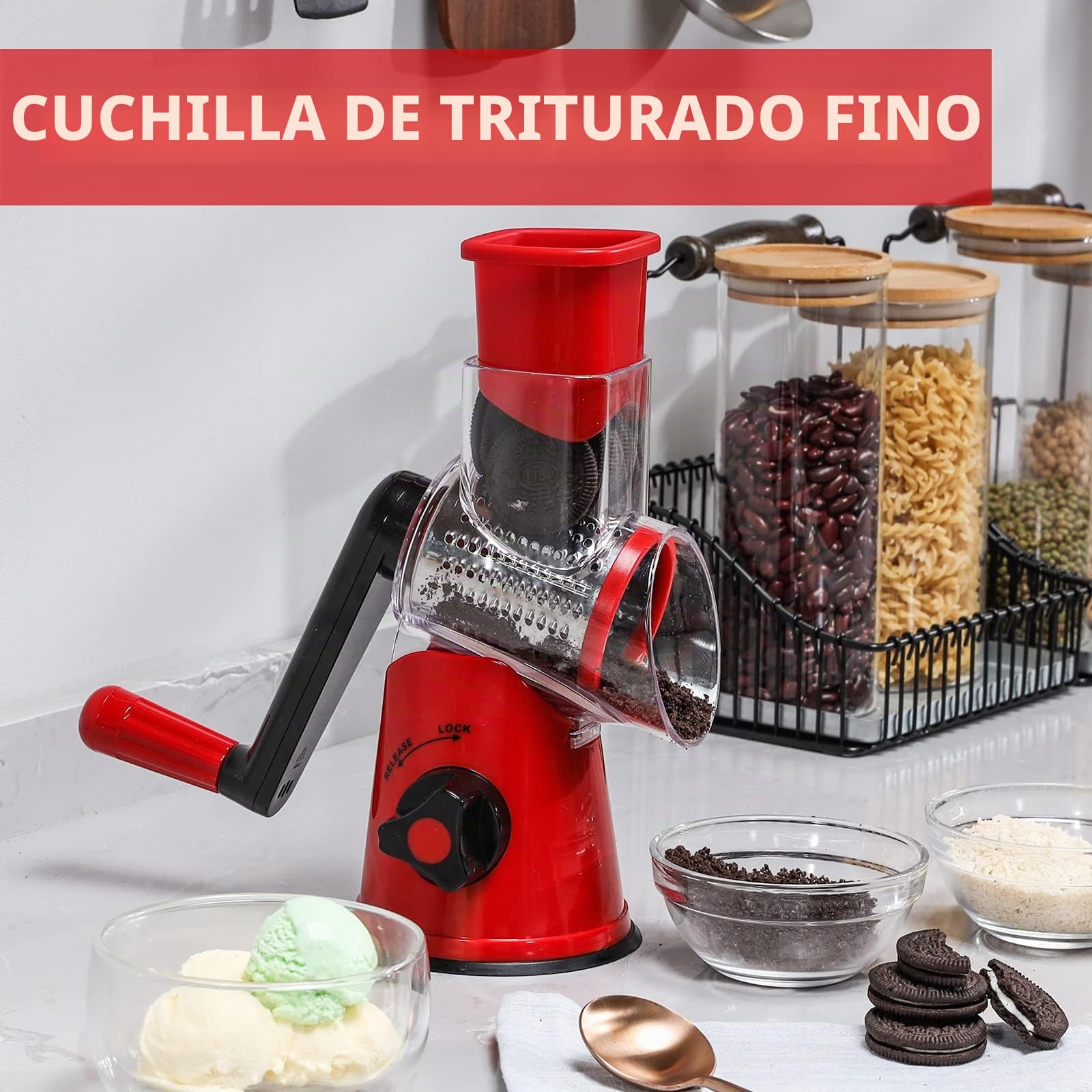 GDL Rallador de Queso, 3 Cuchillas Cortador de Verdura, Rallador Cocina | Versatilidad, Acero Inoxidable 430, Corte Rápido, Fácil Limpieza, Fuerte Ventosa, Seguridad de uso, Sin BPA, Mango Ergonómico