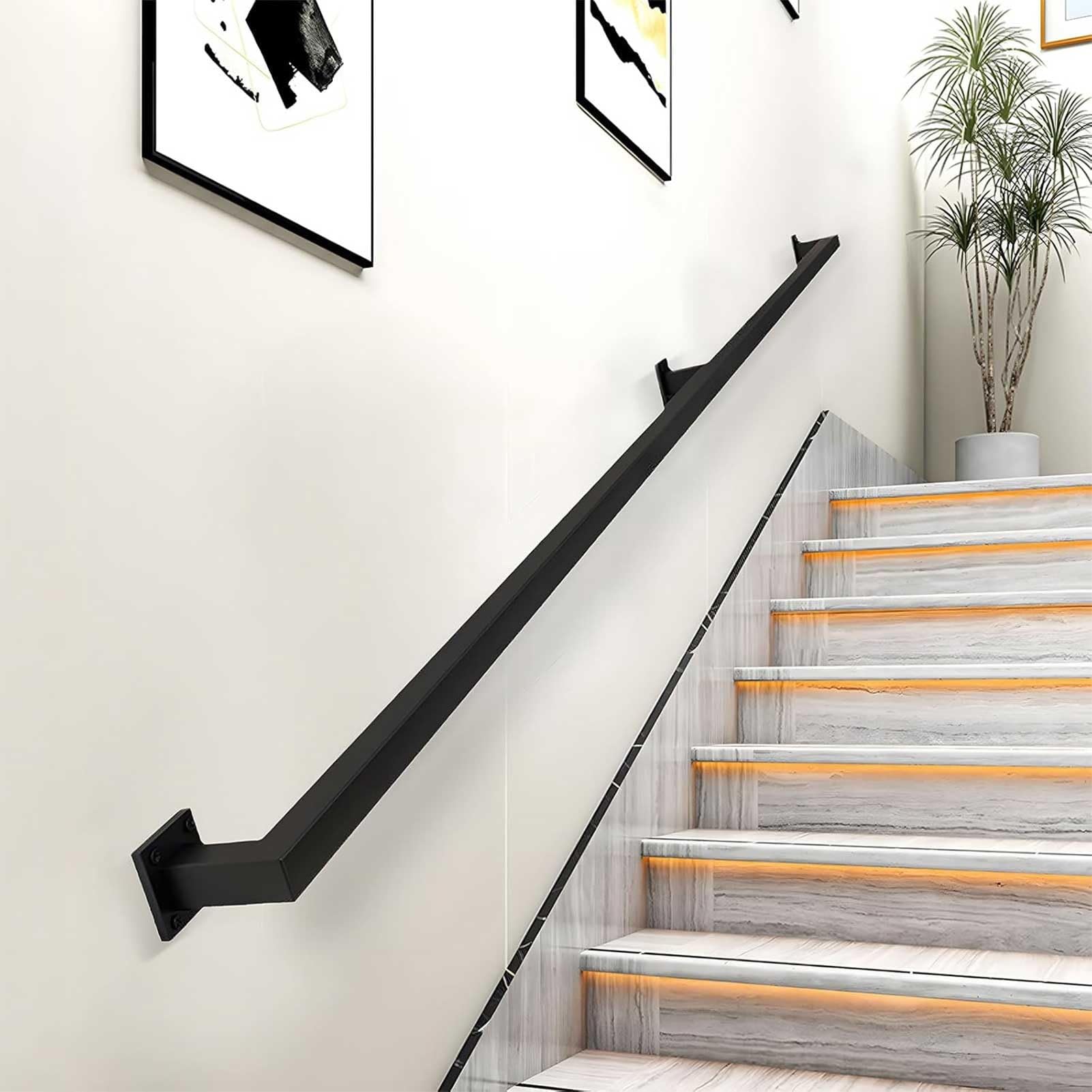 Drsyffsup One Color Modern Staircase Banister Hand Rails -1M/2.8M/3M/3.5M/4M/4.2M - Matte Black, Wall Mount Metal Wrought Iron Handrail For Stairs Indoor Outdoor Steps - Complete Kit(14Ft/4.2M)