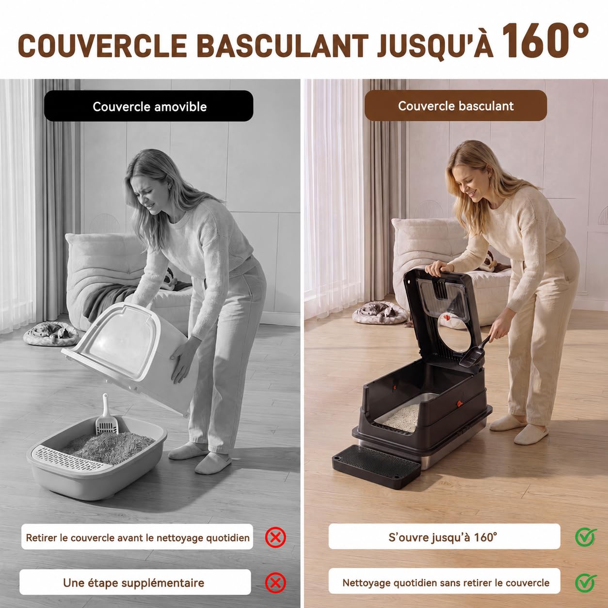 BEST JAJA Lettiera XXL in acciaio inox (V2A) | Lettiera chiusa 4 in 1, coperchio ribaltabile a 160° e filtro antiodore, bordo alto, a prova di perdite, antigraffio