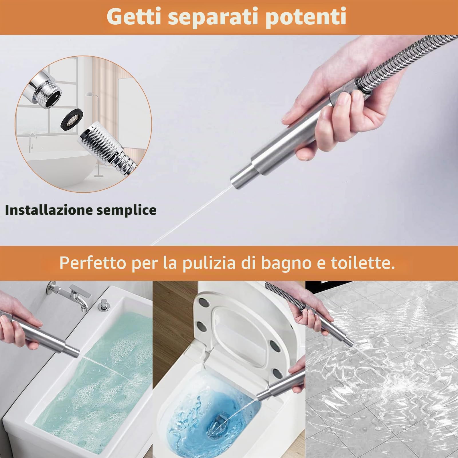 Soffione doccia in acciaio inox con tubo, doccetta in metallo, doccetta ad alta pressione, per risparmiare acqua, soffione doccia a pioggia con ugello forte per bagno, spa, pulizia vasca, spazzolata