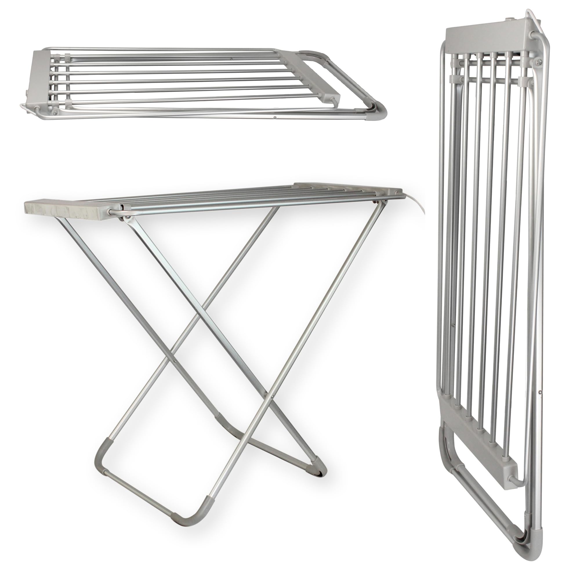 Fishtec Elektrischer beheizter Wäschetrockner 8 Stangen - Elektrischer Handtuchtrockner - Handtuchhalter - Praktik - 95 X 63 X 74 cm - Aluminium gebürstet
