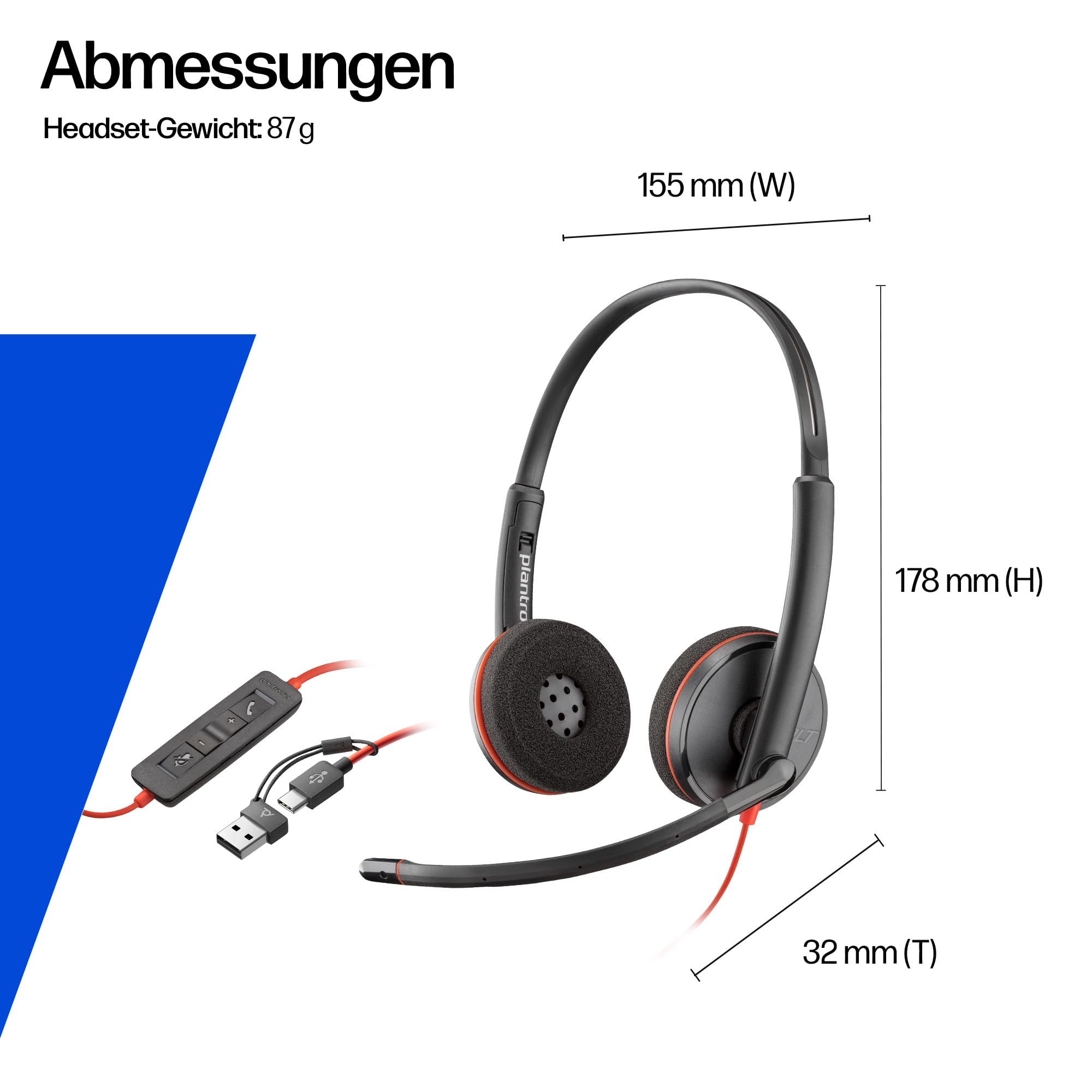 Poly Blackwire 3220 schnurgebundenes USB-C-Headset, Noise Cancelling-Mikrofon, Stereo-Design, Verbindung mit PC/Mac über USB-C oder USB-A, Kompatibel mit Teams/Zoom, SoundGuard-Technologie