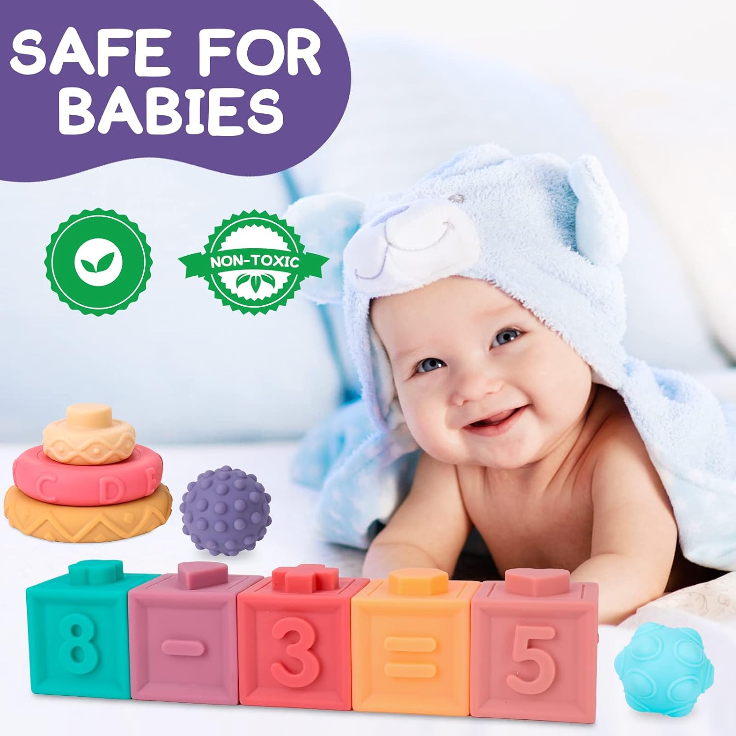 Baby Toys 6-12 Months, 3 in 1 Montessori Toys for Babies 6-12 Months, Incl Stacking Building Blocks & Soft Infant Teething Toys & Sensory Balls for Toddlers for Baby