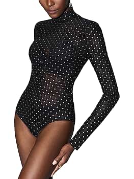 トップス josemoon SHEER BODY SUITS EKAMO Womens Bodysuit Mock Neck Sheer Mesh Long Sleeve Tops