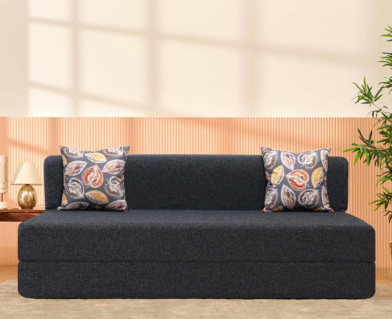uberlyfe 3 Seater Sofa Cum Bed | Jute Fabric Washable Cover | 2 Cushions Fall Leaves Pattern | Dark Grey | 6′ X 6′ Feet uberlyfe 3 Seater Sofa Cum Bed | Jute Fabric Washable Cover | 2 Cushions Fall Leaves Pattern | Dark Grey | 6′ X 6′ Feet