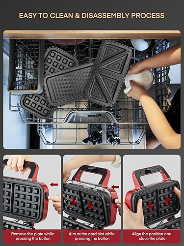 Miniatura 6 de FOHERE Waffle Maker 3 en 1 Sandwichera 1200W Plancha Panini con Placas Extraíbles y Control de Temperatura de 5 Niveles, Revestimiento Antiadherente