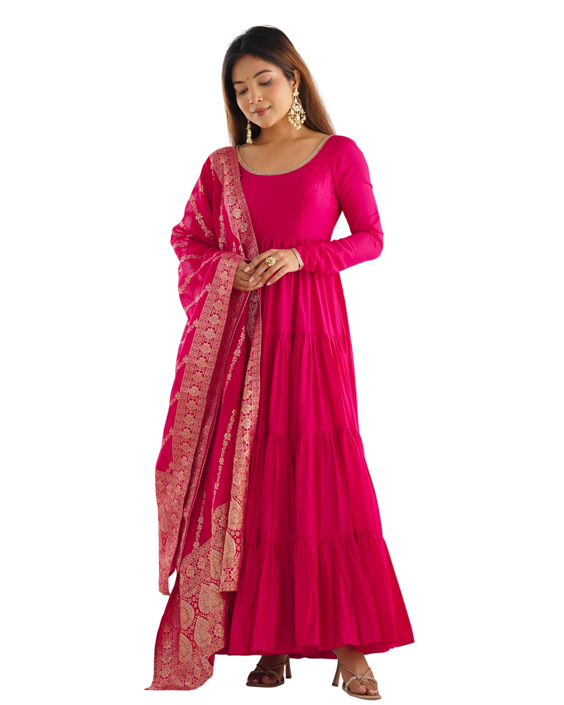 Creation Pure Roman Silk Chanderi Fabric Fully Flair Anarkali Gown with Dupatta,Pent Suit Set.-image-39