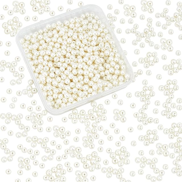 PandaHall 1000pcs 4mm Glass Pearl Beads, Beige Round Spacer Loose Beads Tiny Luster Craft Beads Assortment Lot for Summer Bracelet Necklace Earring Jewellery Making Crafting Decoration