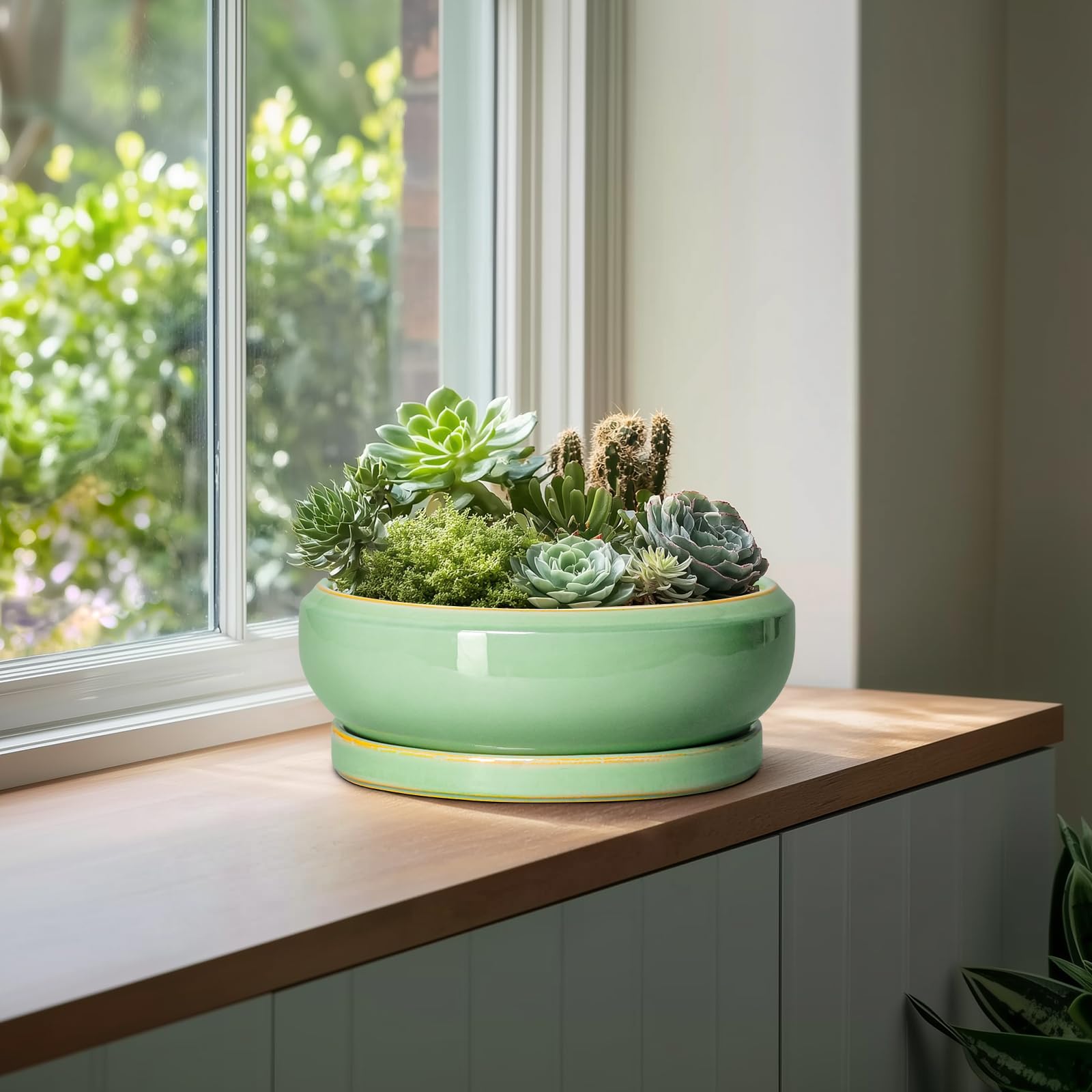 Große Bonsai-Töpfe - 13 Zoll Keramik-Sukkulenten-Töpfe für Innen Außen, Keramik-Pflanzgefäß mit Ablaufloch und Untersetzer, flacher runder Pflanztopf, Gartendekor, Geschenke für Frauen Männer