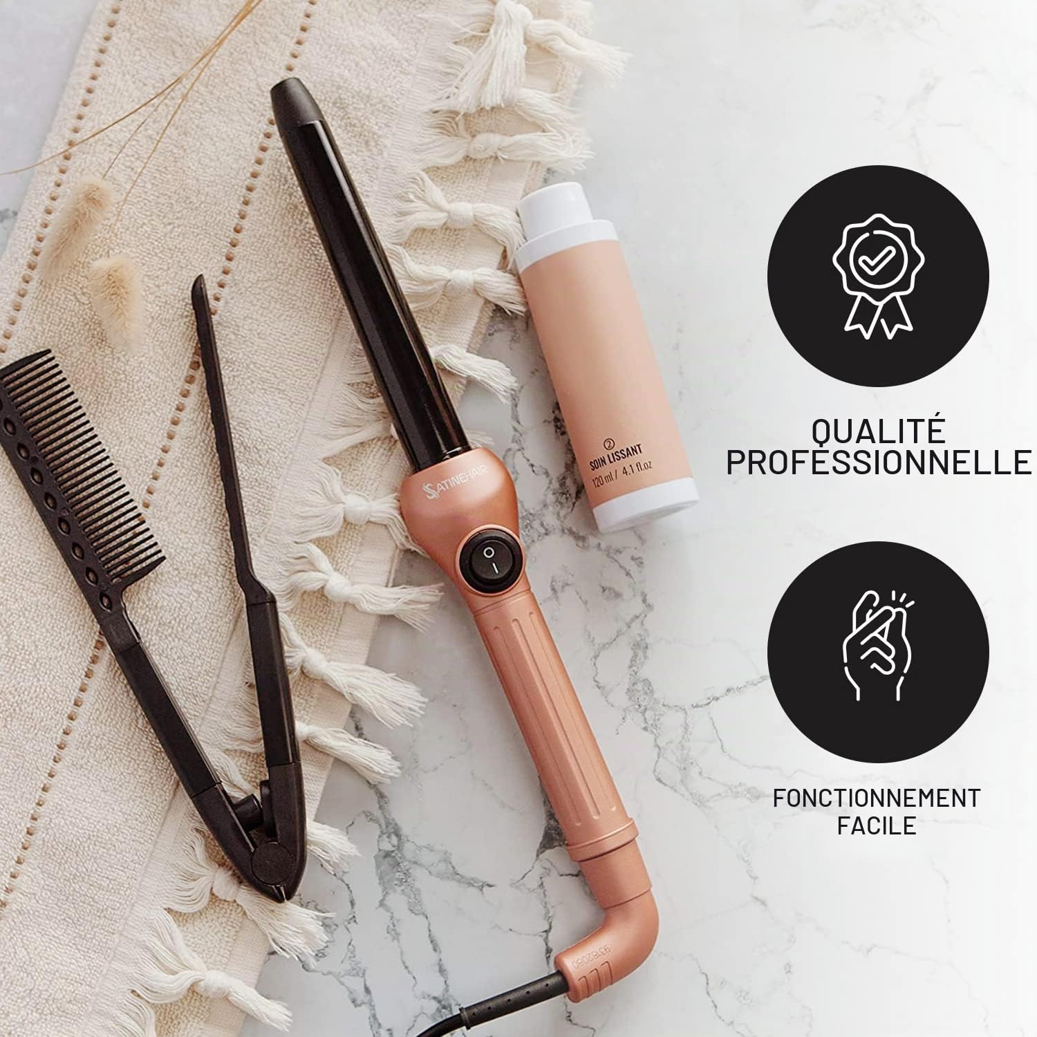 Fer à boucler - Satine Hair - Garantie 5 ans - Boucleur professionnel - Curler - Technologie Ionique – Cône en tourmaline - 18-25mm (Rose gold)