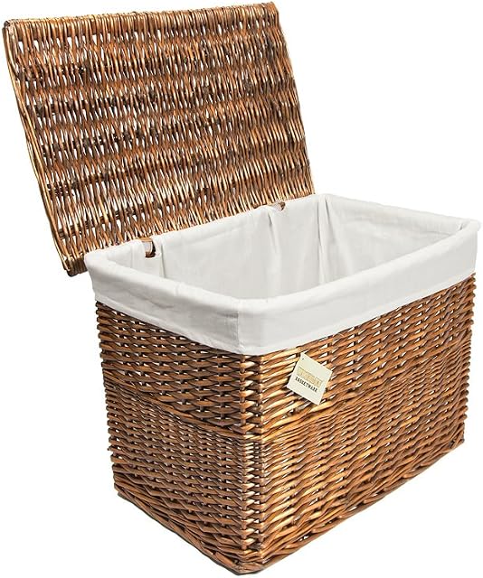 woodluv Lrg Brown Wicker Storage Basket Trunk Chest Hamper Lidded W/ White Lining