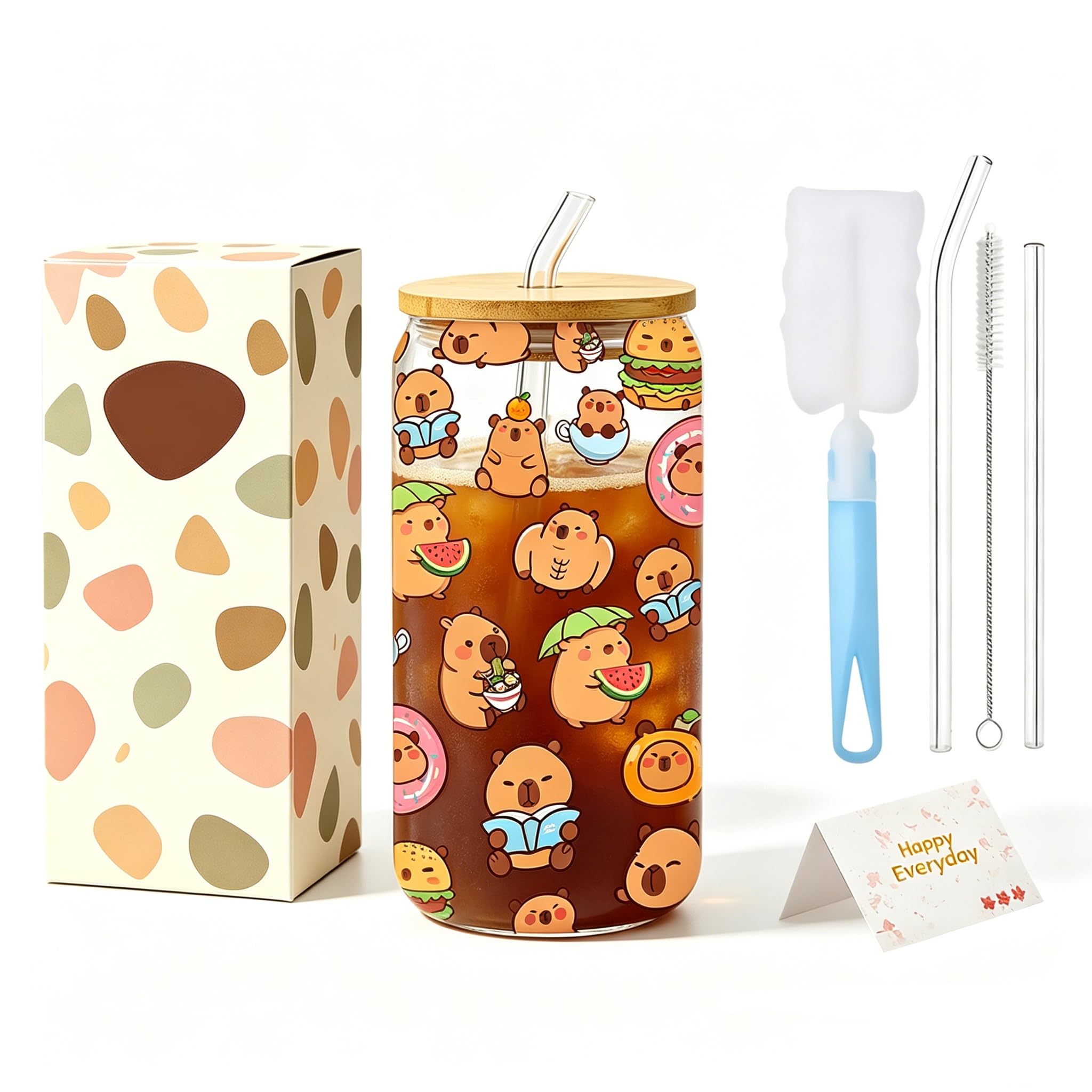 Onperpoe Capybara Glass Cups with Lids Straws and Happy Card, Capybar Glass Cup Drinking Cute Water Bottle for Iced Coffee Cocktails Drinks, Capybara Gifts for Girls Boys, 16 OZ