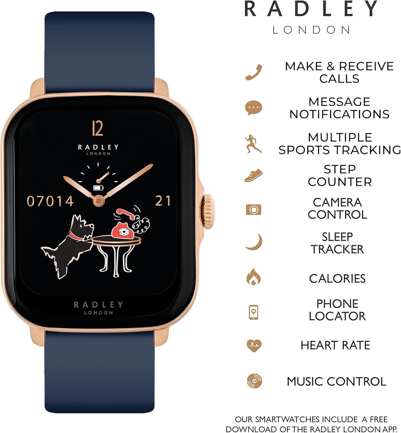 RADLEY Smartwatch displaying various feature icons.