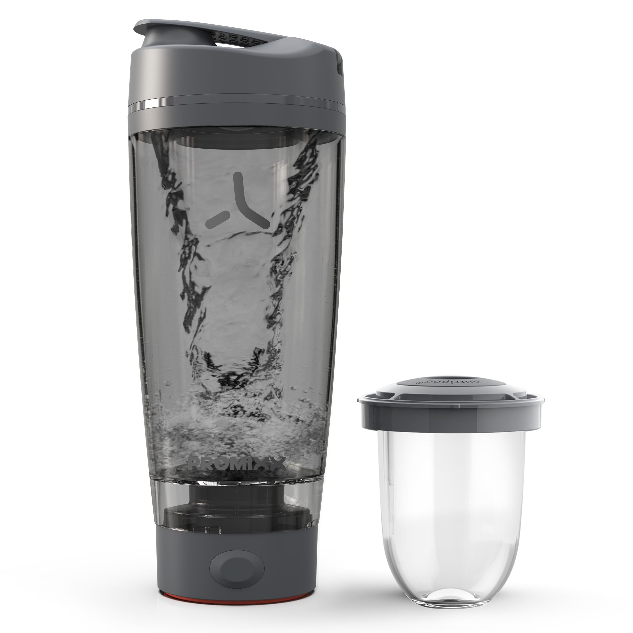 Promixx Pro Shaker Électrique – 600ml – Mélangeur Vortex Protéiné Rechargeable USB-C avec Technologie X-Blade & Stockage Suppléments – Shaker Sans BPA Facile à Laver Fitness & Voyage – Gris Graphite