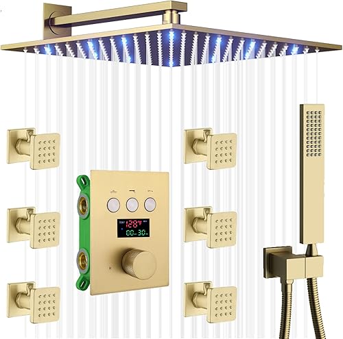 WHSHOWER Juego de grifo de ducha de 12 pulgadas montado en la pared dorado cepillado con 4 piezas de control de flujo de cierre de cuerpo completo