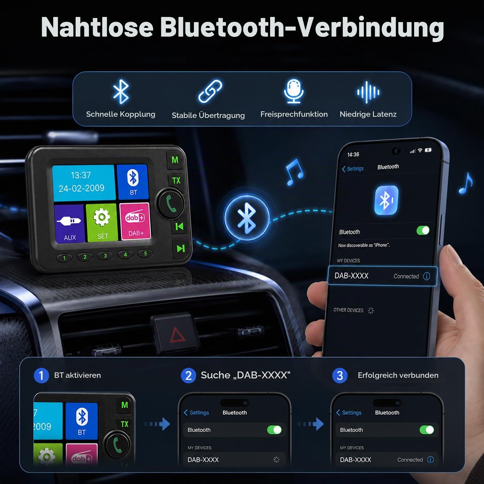 NHOPEEW Digital Radio DAB+ Adapter mit 10 Schnellzugriffstasten für das Autoradio - 2,8-Zoll-LCD-Display mit Musik-Bluetooth - DAB Adapter Empfänger Musikspieler Aux EIN-/Ausgang