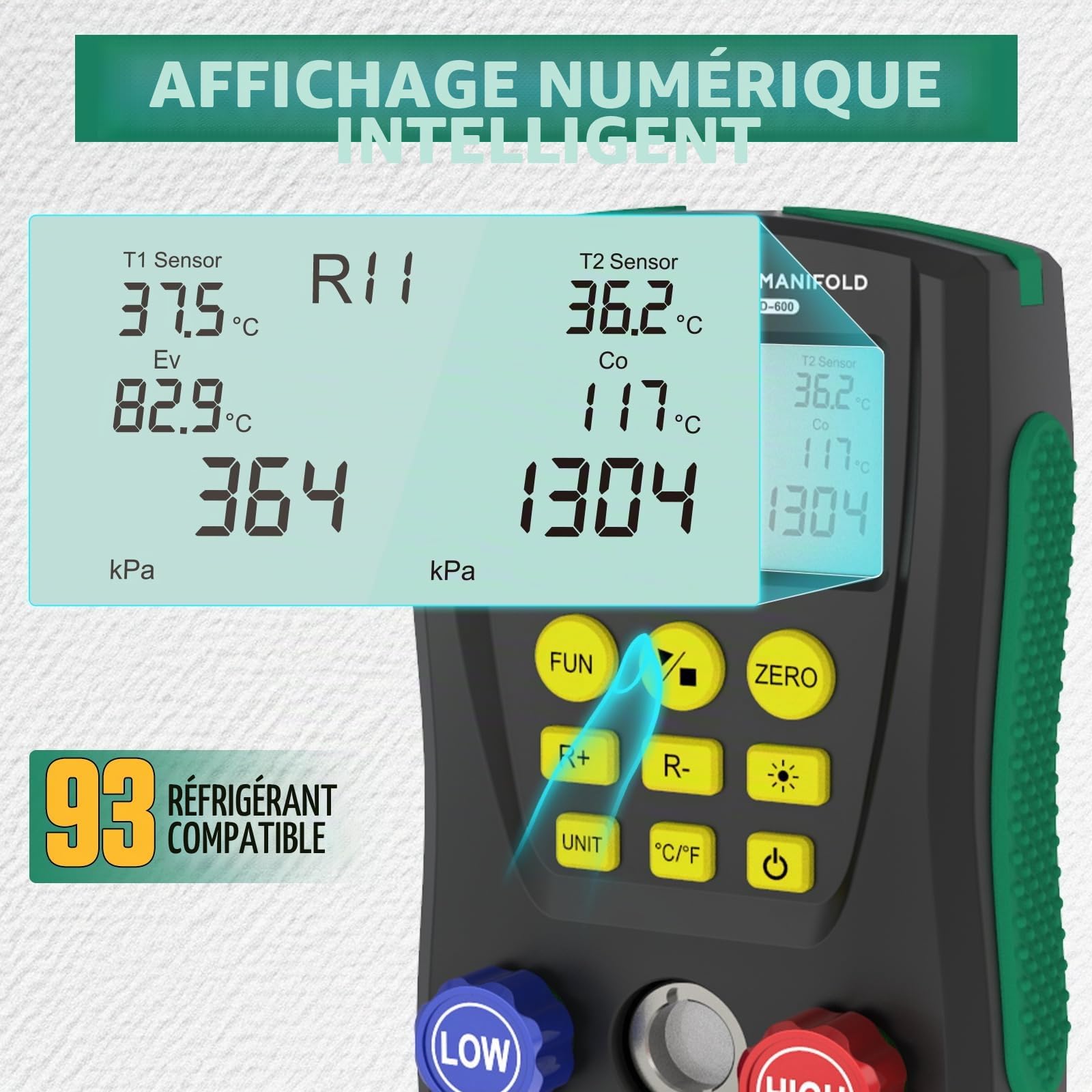 R32 R410a Manomètre à Réfrigérant Numériqueavec Deux Pinces de Température, Commande à Deux Vannes Manometre Climatisation avec 93 Types de Réfrigérants, pour Diagnostic & Maintenance Frigorifique
