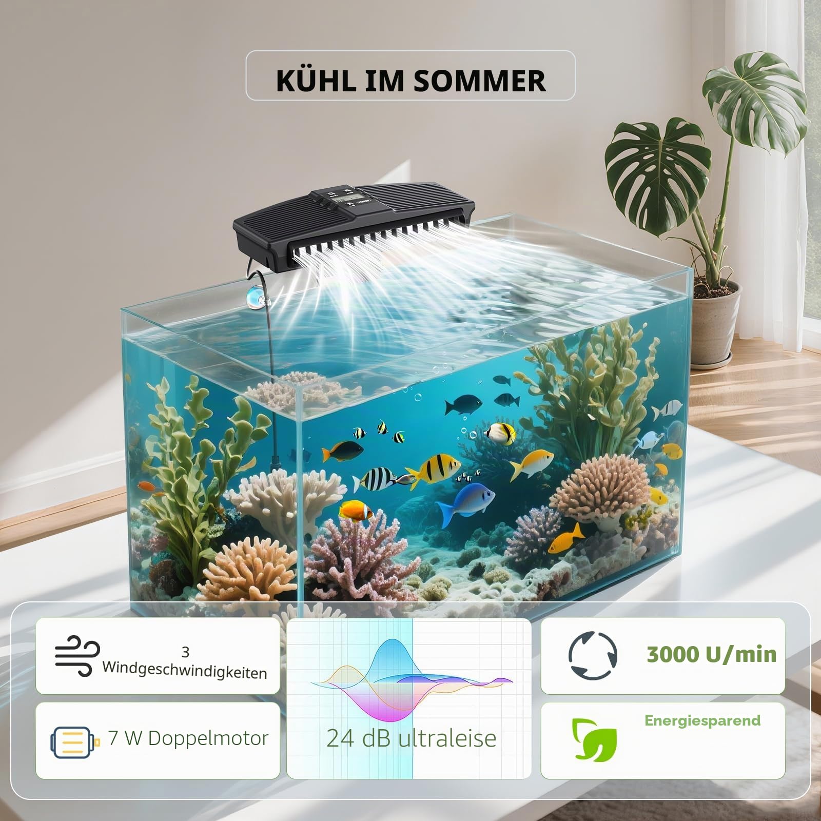 PAIZOO Aquarium-Kühlventilator, Aquarium-Kühlventilator mit Temperatursonde & LCD-Display, Aquariumkühler, Wasserkühler für Axolotl Betta Fischzubehör, 7 W