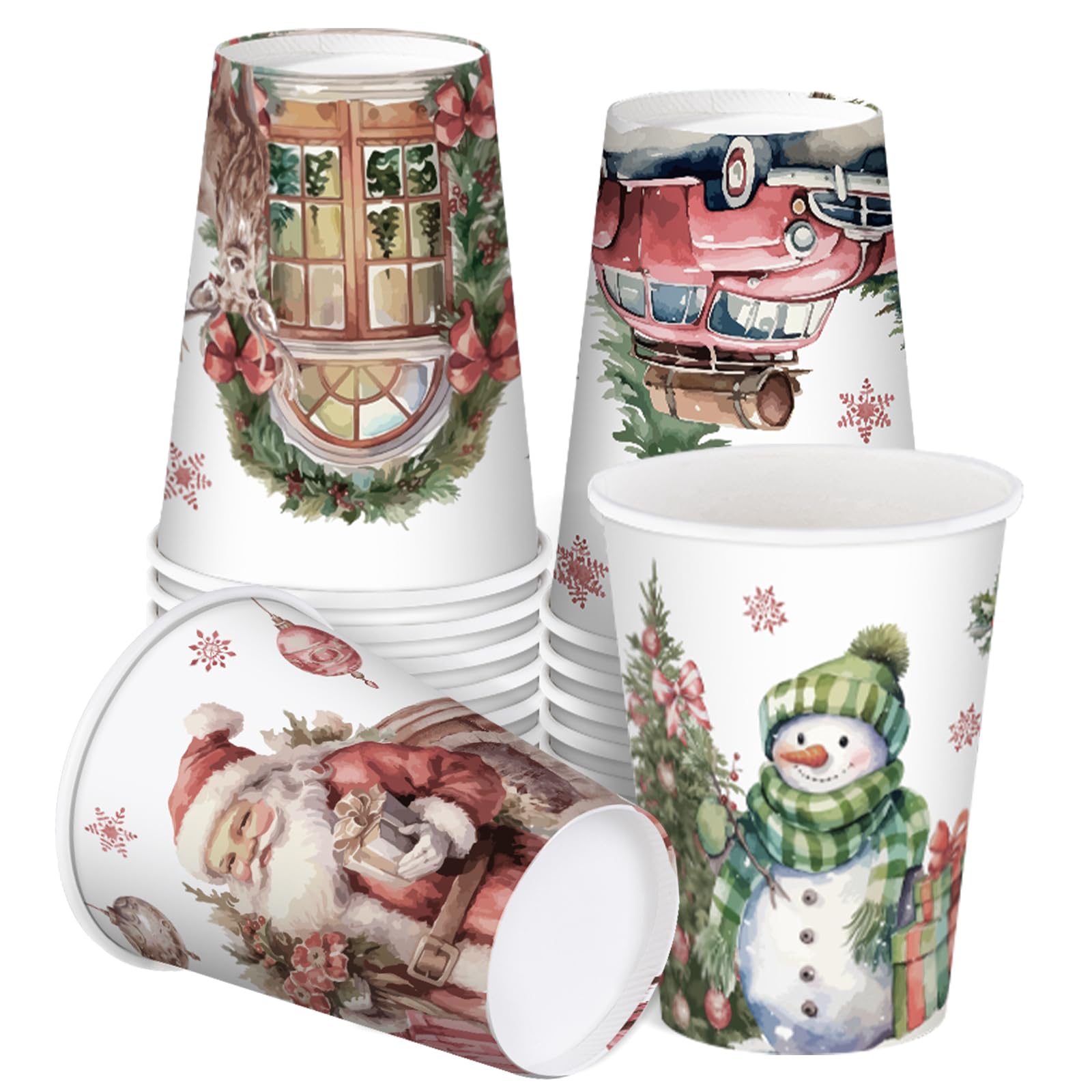 RUSPEPA Disposable Paper Coffee Cups 12 oz - 20 Pack Christma Snowman and Santa Claus Design Printed Paper Drinking Cups, Thickened Paper Style for Hot/Cold Beverages, Home, Business and Cafe