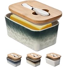 Stone Large Butter Dish with Lid for Countertop,Ceramic Butter Keeper Container with Knife Double Silicone Sealing Butter Dish with Covers for Home Decor Kitchen Gift Gradient White Green, 7 IN
