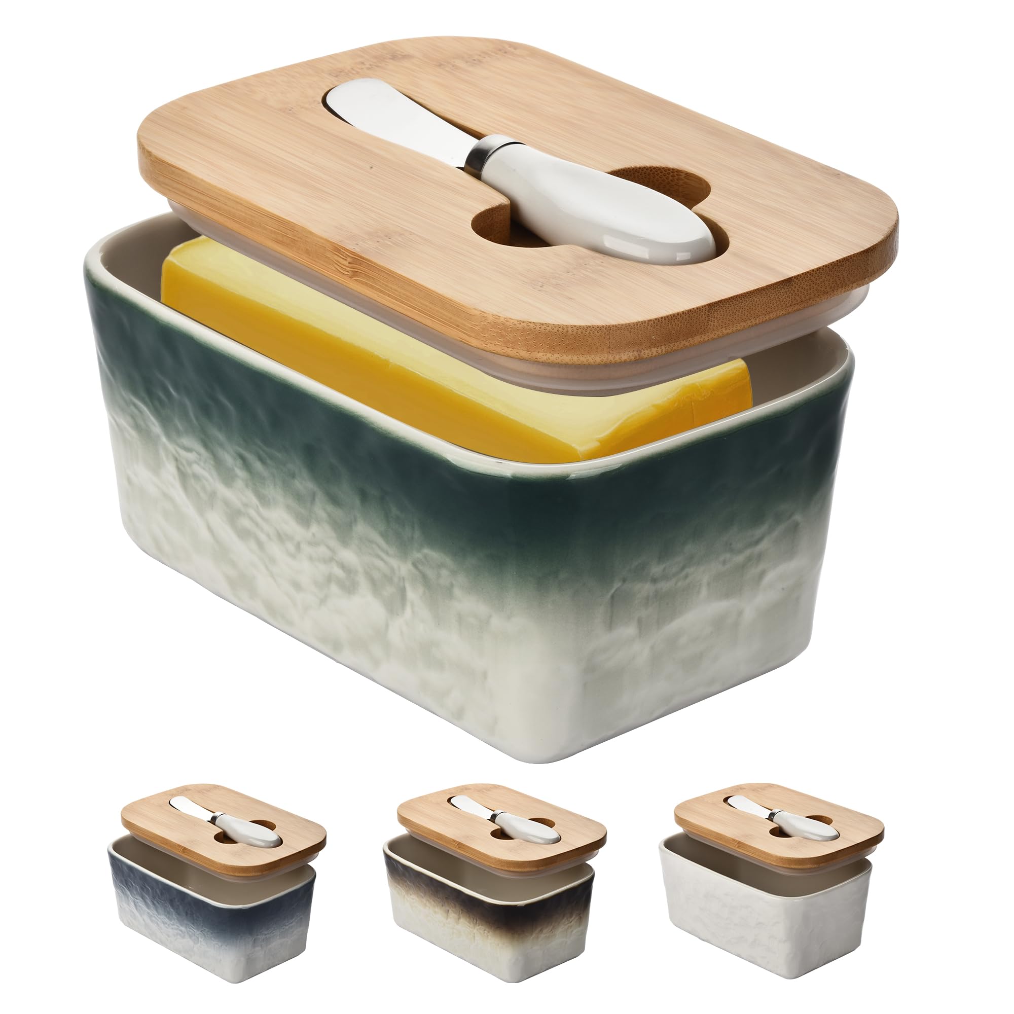 Stone Large Butter Dish with Lid for Countertop,Ceramic Butter Keeper Container with Knife Double Silicone Sealing Butter Dish with Covers for Home