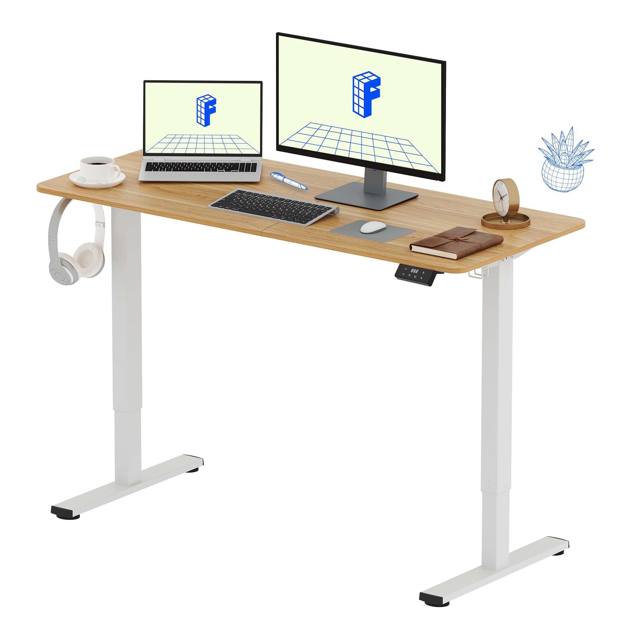 FLEXISPOT Escritorio Elevable Escritorio de Elevable Eléctrico con Tablero 140x60cm(Arce), Standing Desk Mesa Regulable Altura, Mesa de Elevable con Gancho Portavasos y Control de Memoria