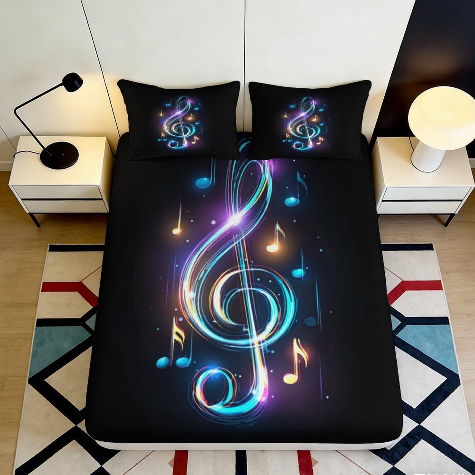 3D Printed Music Notes Fitted Sheet Microfiber Soft Black Treble Clef Bed Cover for Bedroom Guest Room Dorm Mattress Protection Decor 160x200x25cm