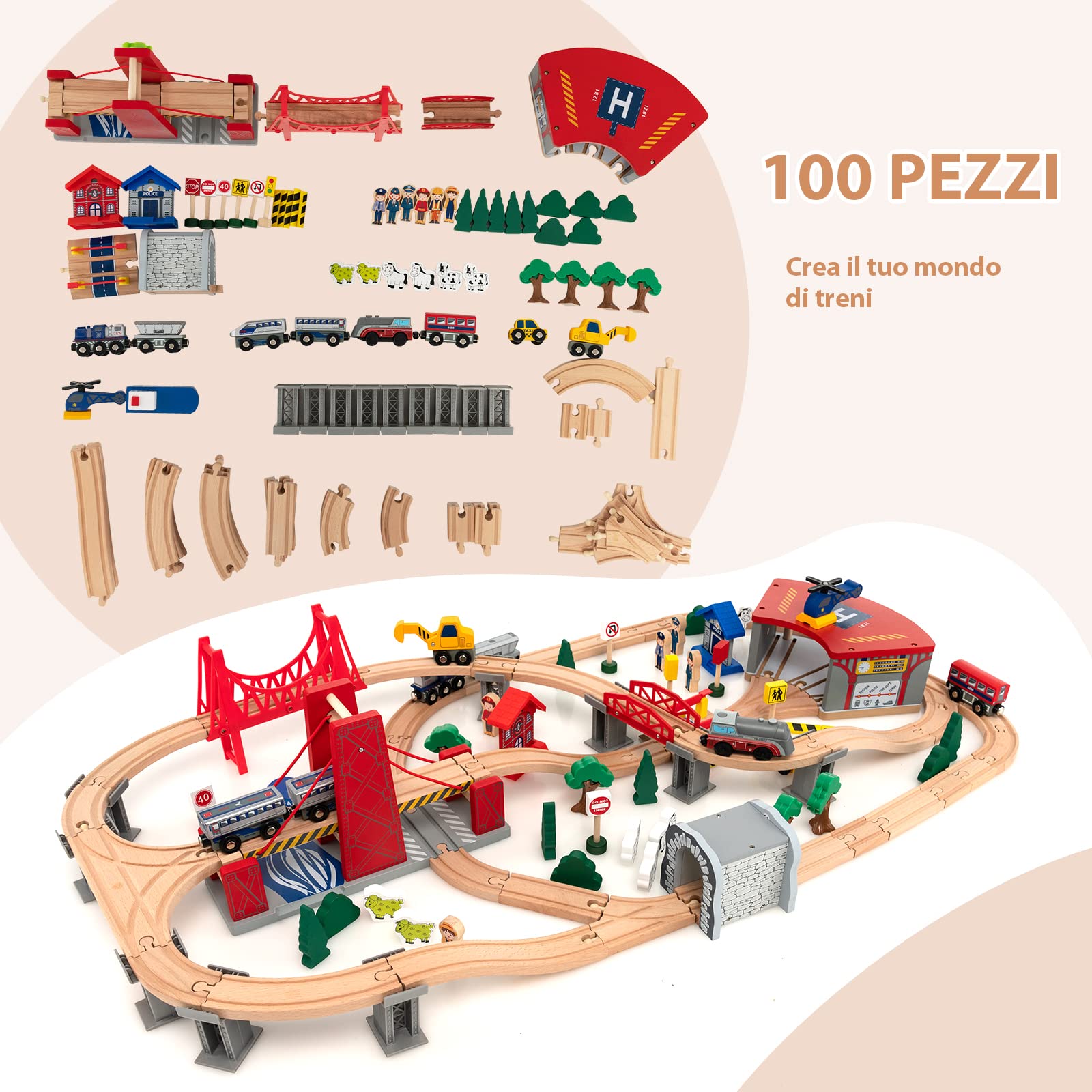 COSTWAY Tavolo e Set Treno Giocattolo in Legno, Set da Gioco Creativo Treni e Binari per Bambini con 100 Pezzi, Trenino per Bambini Anni 3+