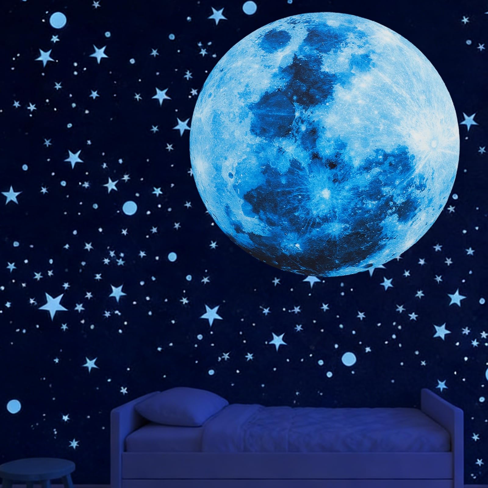 sourcing map Glow in the Dark Moon Wall Decal, Blue Luminous Adhesive Wall Stickers, 3D Glowing Stickers for Ceiling Bedroom Bedding Room Decoration