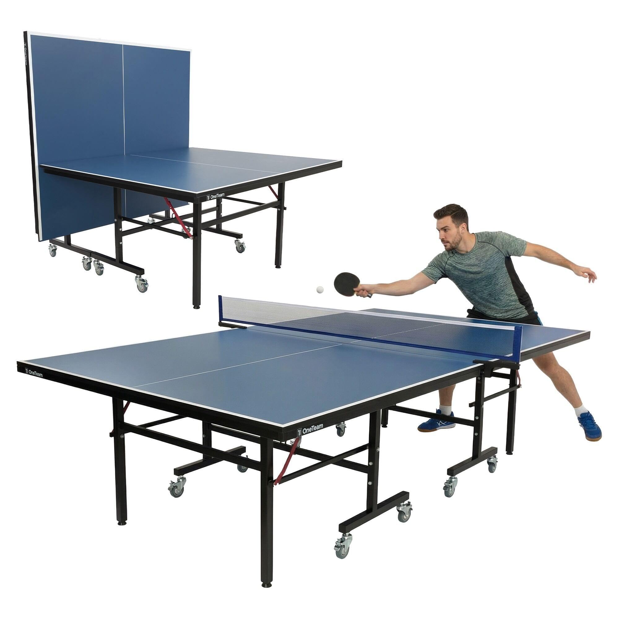 OneTeam Stół do tenisa stołowego, składany, mobilny stół do ping ponga z siatką, 18 mm, płyta MDF, kolor niebieski, wymiary turniejowe 274 x 152 cm, do treningu domowego i dla rodziny