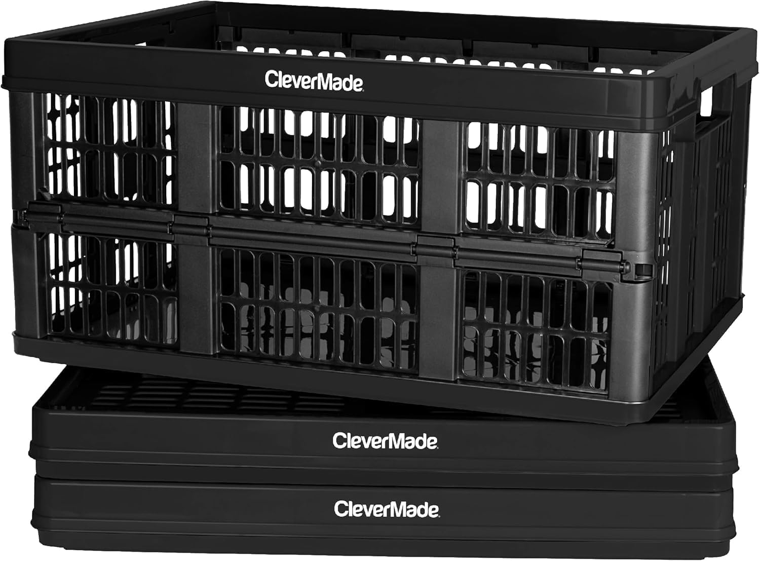 CleverMade Collapsible Milk Crate, Obsidian, 3PK - 45L (11 Gal) Collapsible Utility Crate, Holds 66lbs Per Bin - Plastic Stackable Grated Wall Utility Containers, CleverCrates Baskets