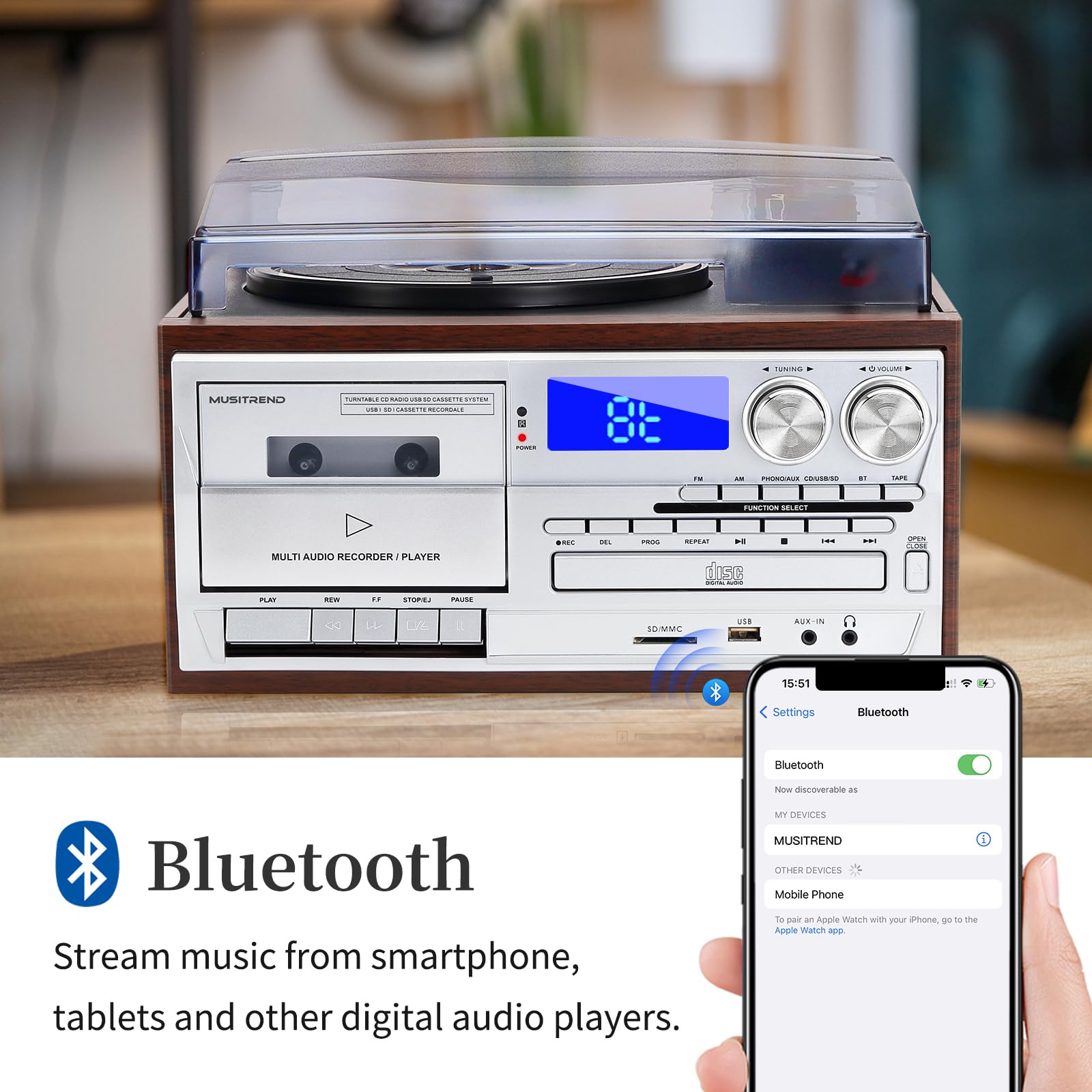 MUSITREND Record Player 9 in 1 3 Speed Bluetooth Vintage Turntable
