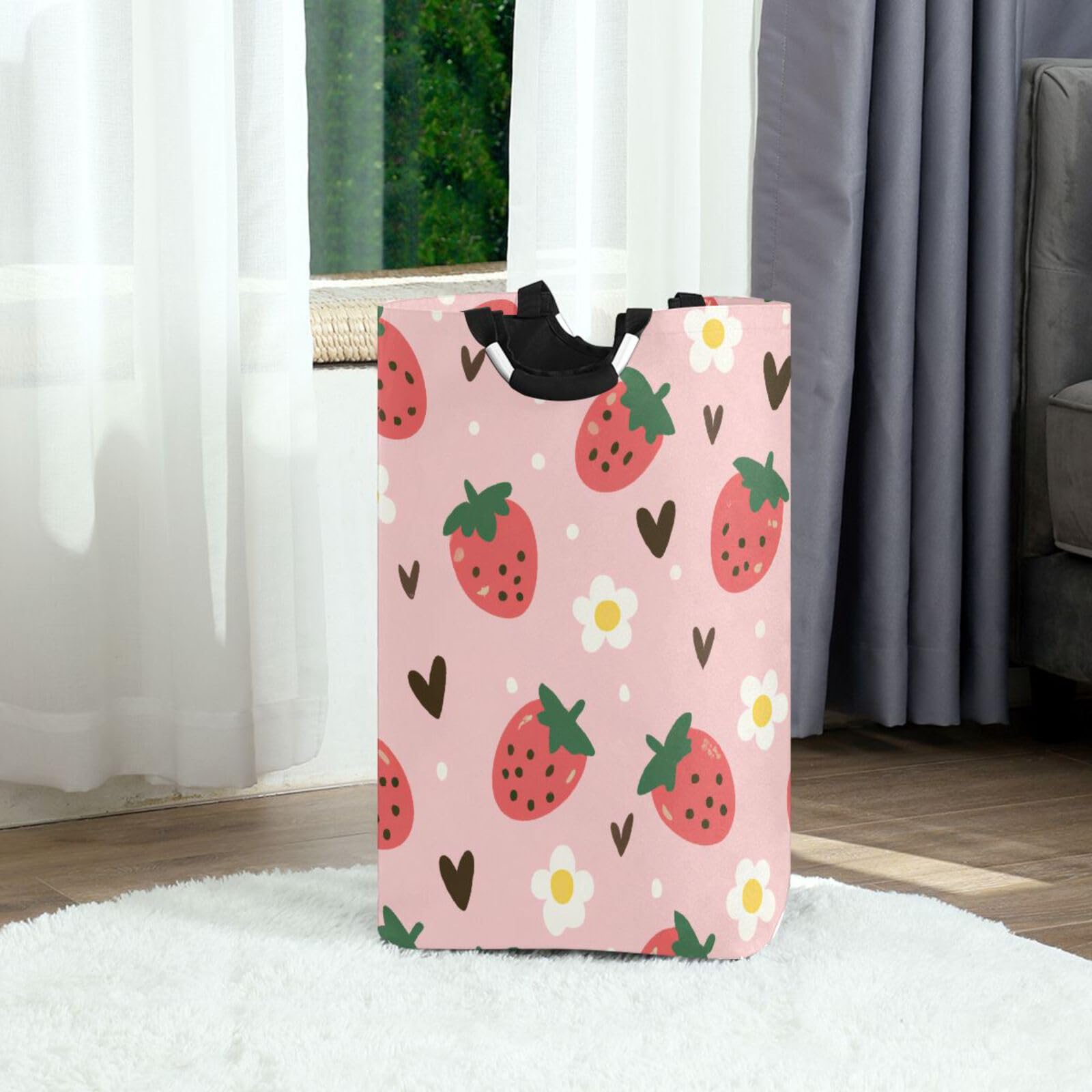 Jihqo Laundry Hamper Basket Strawberry and Daisy Collapsible Nursery Storage Bin Waterproof Clothing Baskets for Home Bedroom Bathroom Washing Room