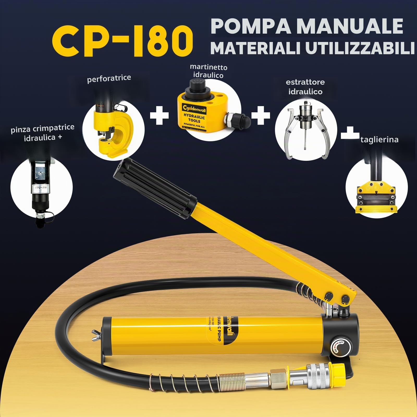 CGOLDENWALL CP-180 Pompa Idraulica Manuale, Alta Pressione 60kg/cm², Contenuto di Olio 400cc, con Lunghezza Tubo 0,8m, per Martinetti 10T/20T
