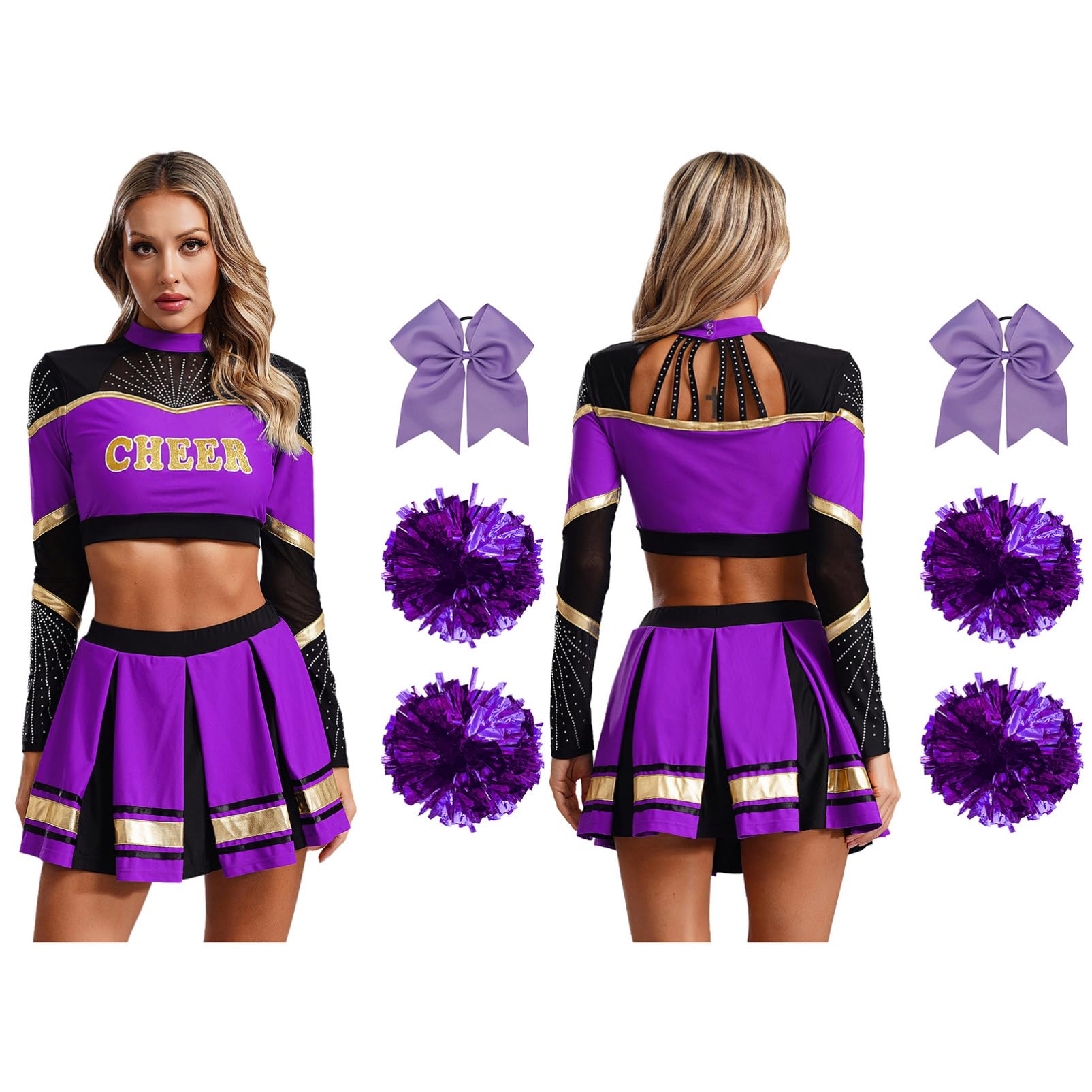 Alvivi 5Pcs Cheer Leader Kostüm Damen Langarm Cheerleading Uniform Crop Tops mit Rock Pompoms Socken Haarband Halloween Karneval Fasching Kostüm