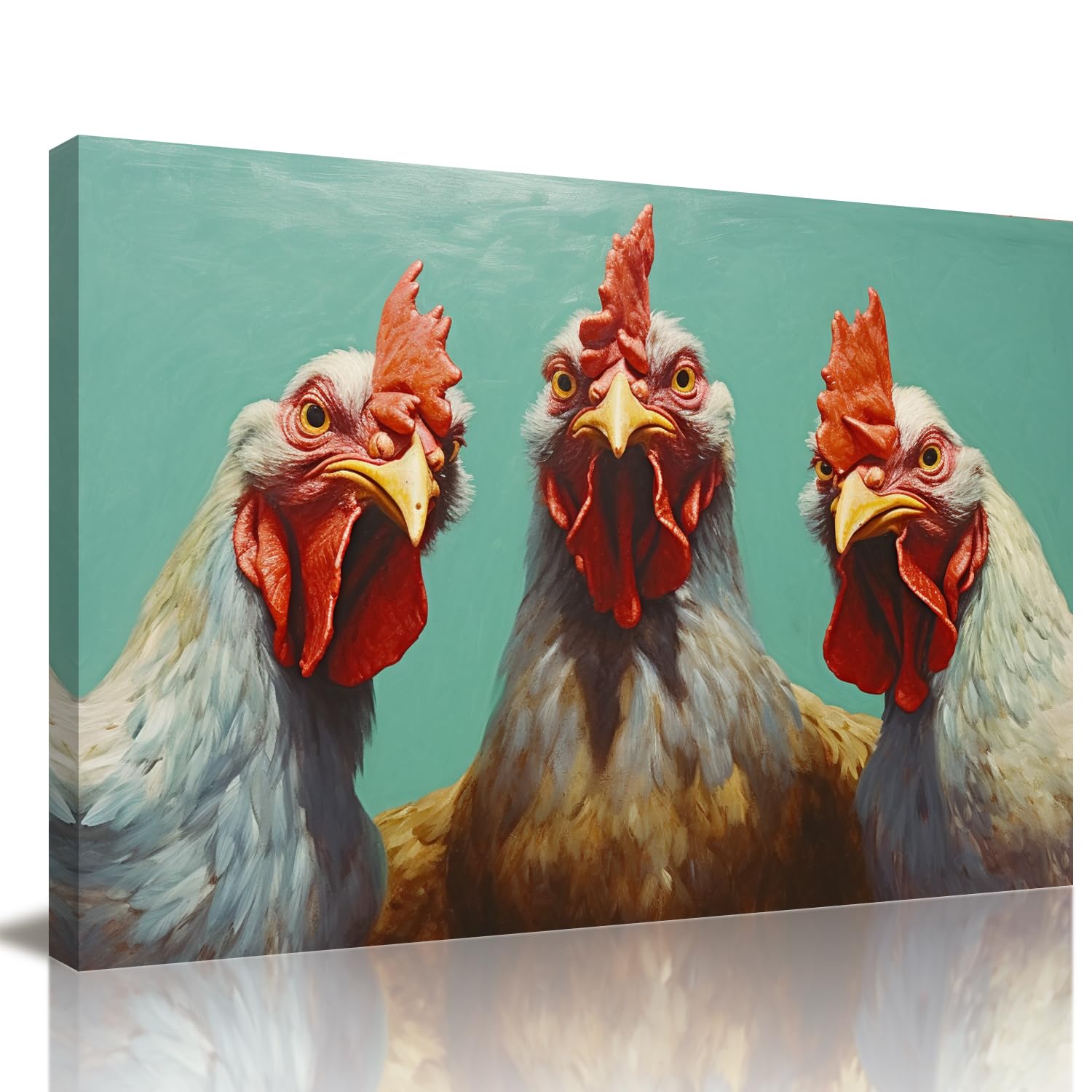 GLOKAKA Farmhouse Chicken Decor Wall Art Funny Rooster Three Staring Chicken Pictures Canvas Print Animal Painting Artwork For Bathroom Kitchen Bedroom Decor — image 1