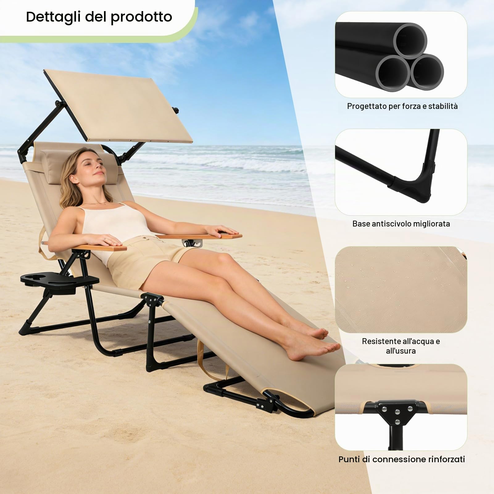 Lettino Prendisole Pieghevole con Tettuccio, Lettino Prendisole da Giardino con Parasole Schienale Regolabile, in Tessuto Oxford e Metallo, Sdraio da Spiaggia, per Mare, Piscina
