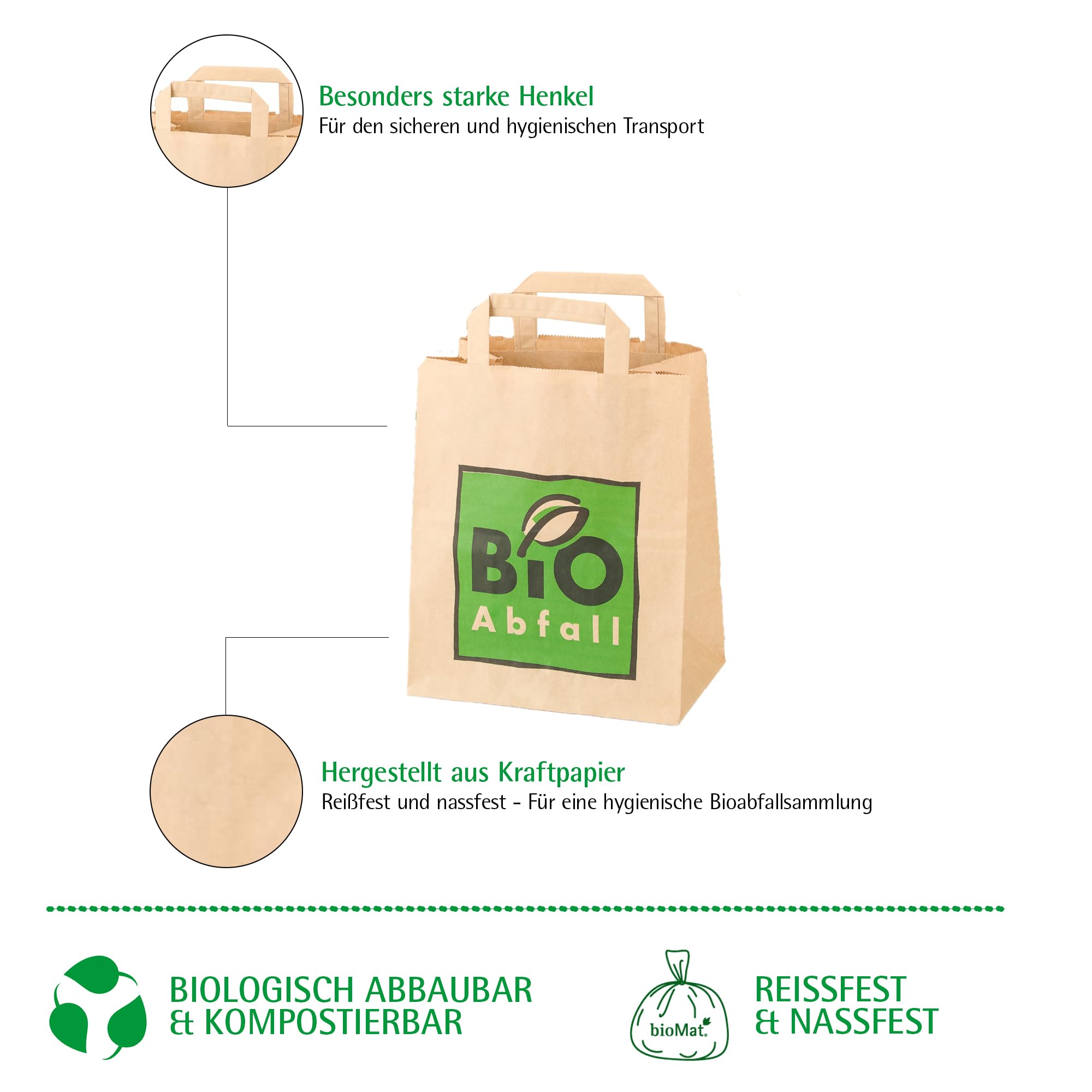 bioMat Kompostierbare 8l Papiertüten für Biomüll, 240 Biomülltüten mit Henkel aus Kraftpapier, Nassfest, Reißfest