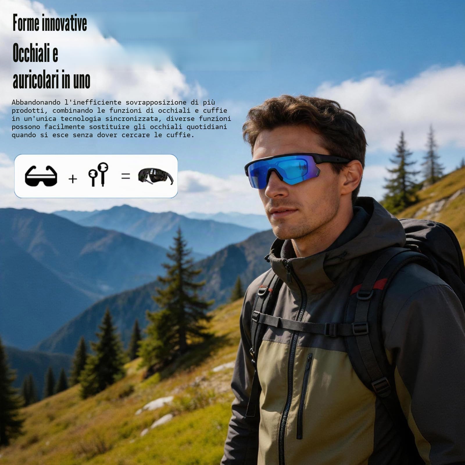 Occhiali intelligenti per ciclismo, occhiali da sole intelligenti con IA | Occhiali Bluetooth aperti - Lenti polarizzate, traduzione in tempo reale in 172 lingue, protezione UV al 100%