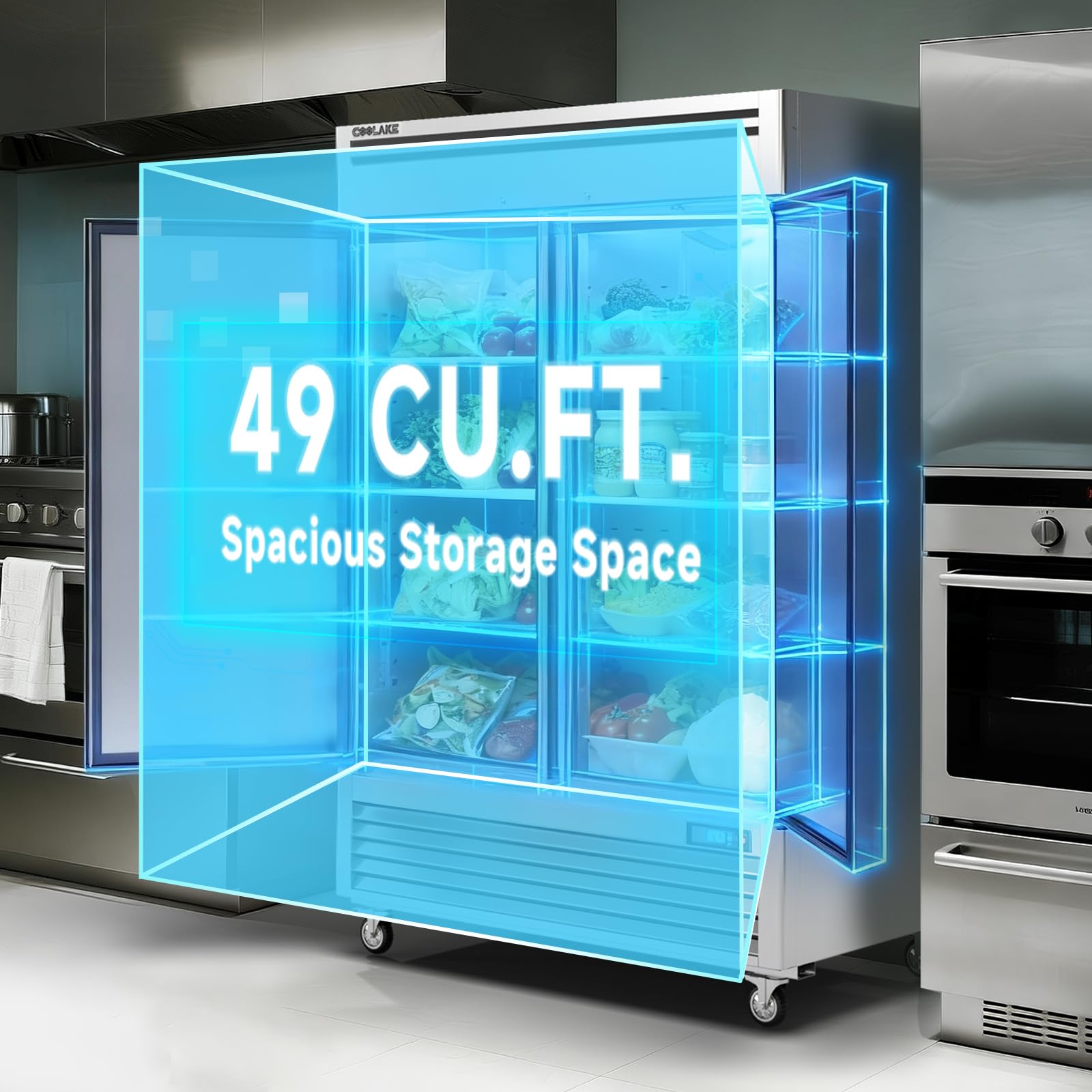 Coolake 54.4" W Commercial Refrigerator, 49 Cu Ft 2 Door Upright Refrigerator With 8 Adjustable Shelves, Frost-Free Stainless Steel Industrial Reach-In Fridge For School Restaurant Café Prep Kitchen on Fridge.com - View 3
