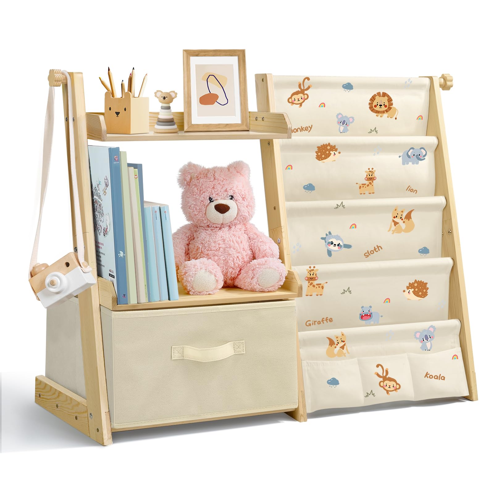 Libreria Montessoriana per Bambini Bambina, Scaffale per Giocattoli, Legno Massiccio Montessori Scaffale Libreria 85 * 69.5 * 34.5cm - Animali della Giungla