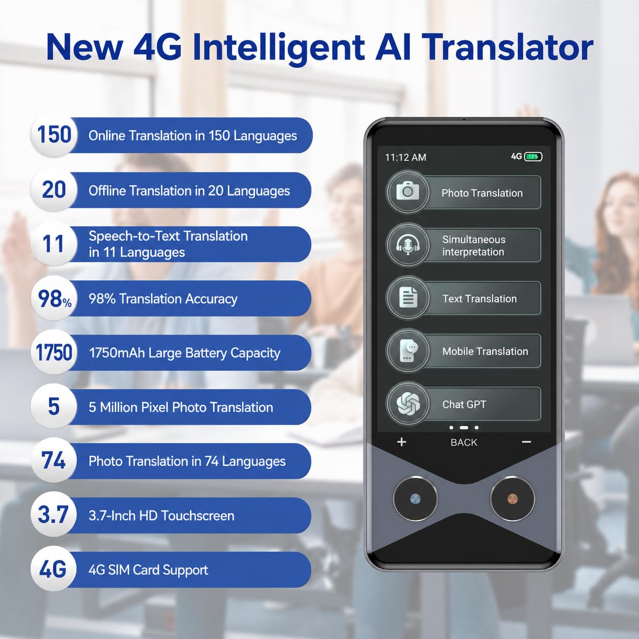 SKARA Traduttore Vocale Istantaneo AI, Oltre 150 Lingue, SIM 4G, WiFi e Offline, Traduttore con Traduzione Fotografica OCR, Traduzione di Gruppo, Dispositivo di Traduzione per Viaggi e Business
