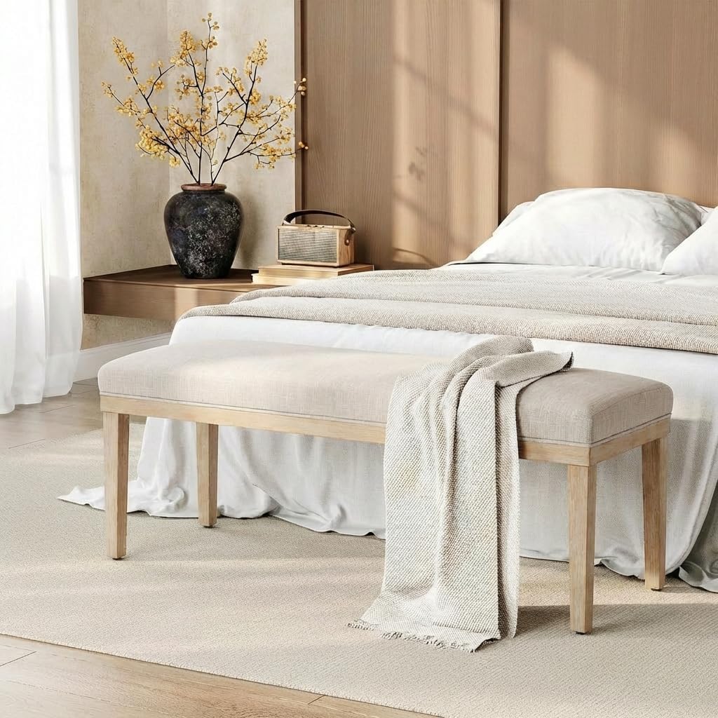 YOUNIKE 52.7" Upholstered Fabric Bench Thick Modern Table Benches with Solid Wood Legs Farmhouse Kitchen Dining Bench with Comfy 4.72" Cushion for Entryway Hallway Bedroom End of Bed Living Room Beige