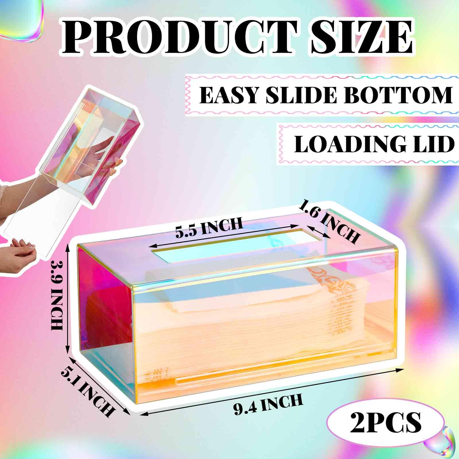 Layhit 2 piezas de acrílico iridiscente caja de pañuelos rectangular deslumbrante dispensador de caja de pañuelos transparente linda cubierta de caja de pañuelos iridiscente accesorios de baño para
