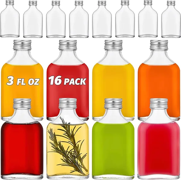 Danmu Flask,Mini Liquor Bottles,Small Glass Bottles for Liquids,Homemade Juice,Sauces,Extracts,Oil,Cider,Syrups,16 Pack 3 fl.oz.